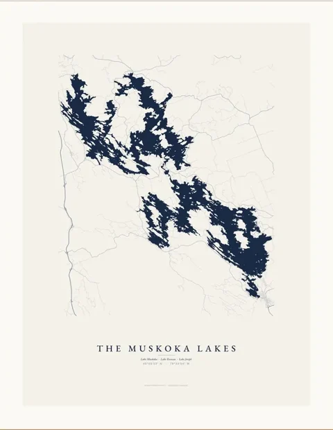 The Muskoka Lakes map print in navy ink