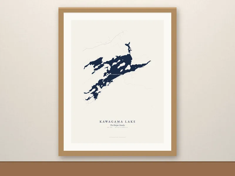 A custom lake map print with a family name and a cottage pin