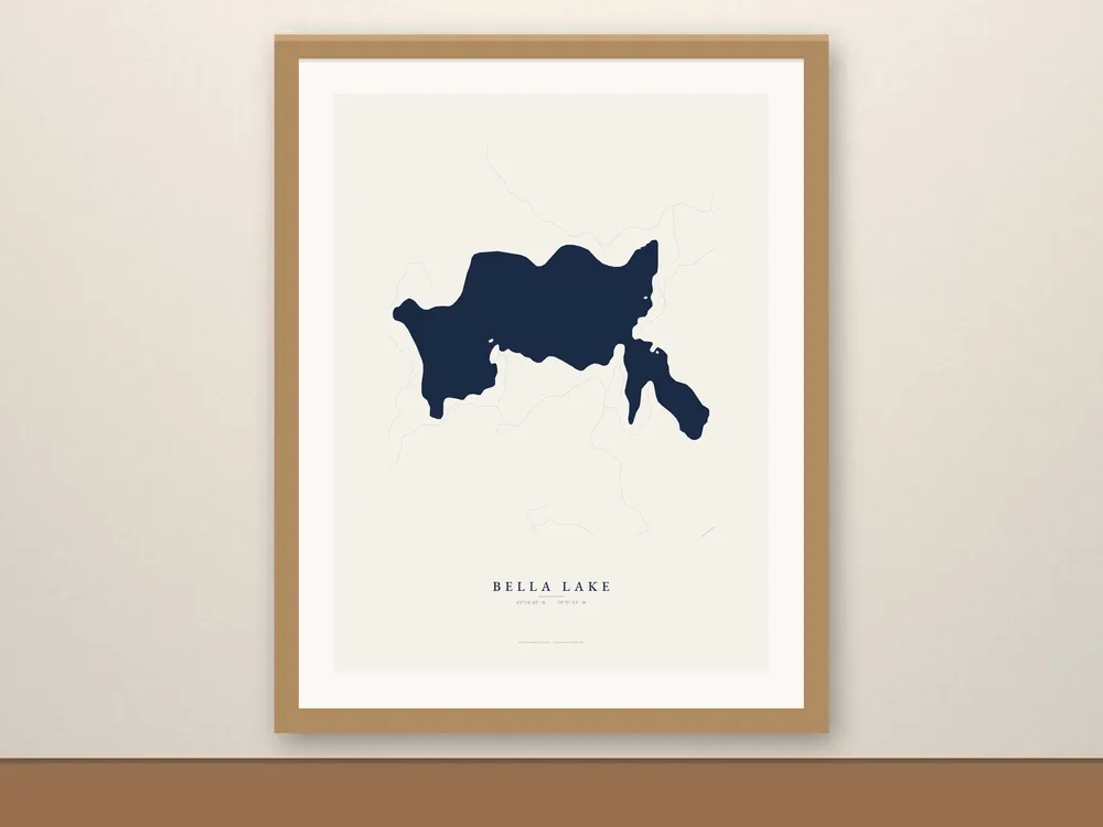 Bella Lake map print, framed for display