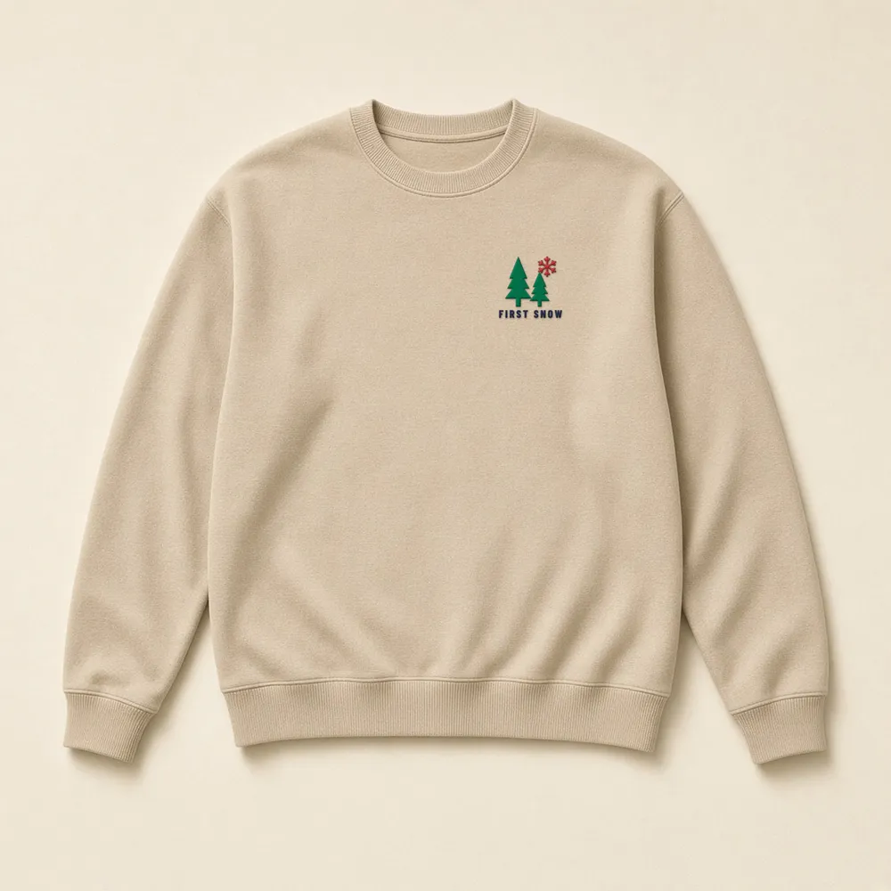 First Snow Crewneck in sand (digital mockup)