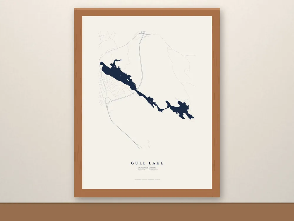 Framed Gull Lake Map in a red oak frame