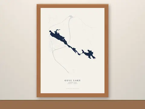 Framed Gull Lake Map in a red oak frame