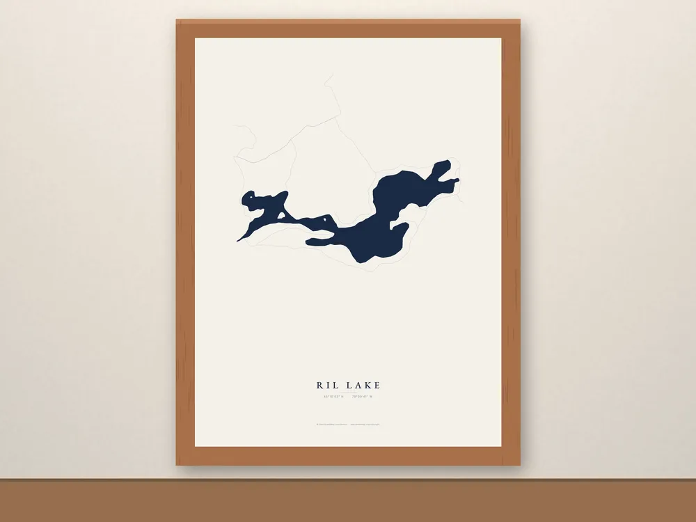 Framed Ril Lake Map in a red oak frame