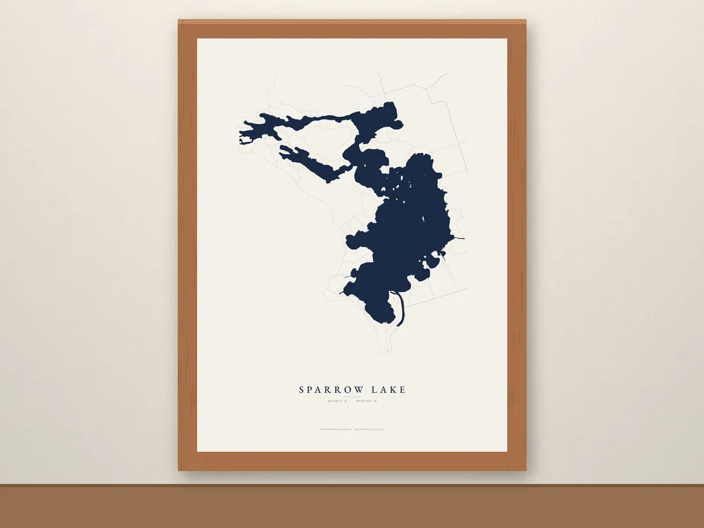 Framed Sparrow Lake Map in a red oak frame