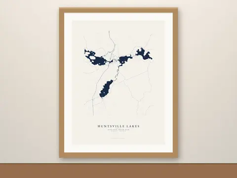 Huntsville Lakes map print, framed for display