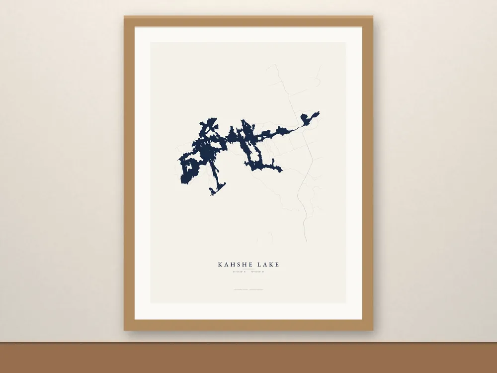 Kahshe Lake map print, framed for display