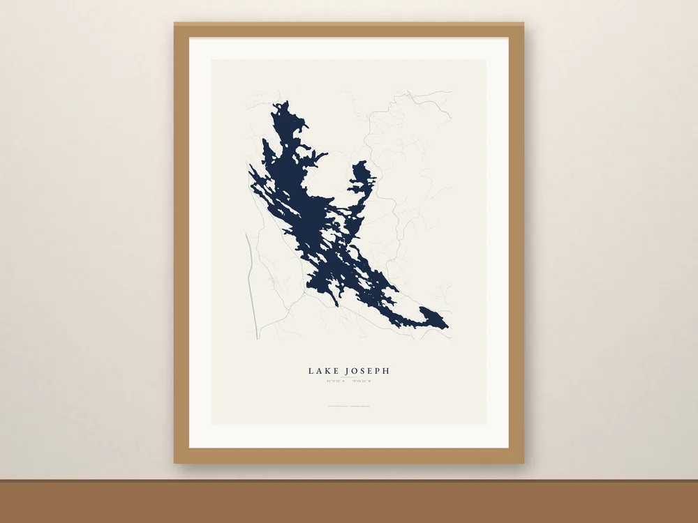 Lake Joseph map print, framed for display