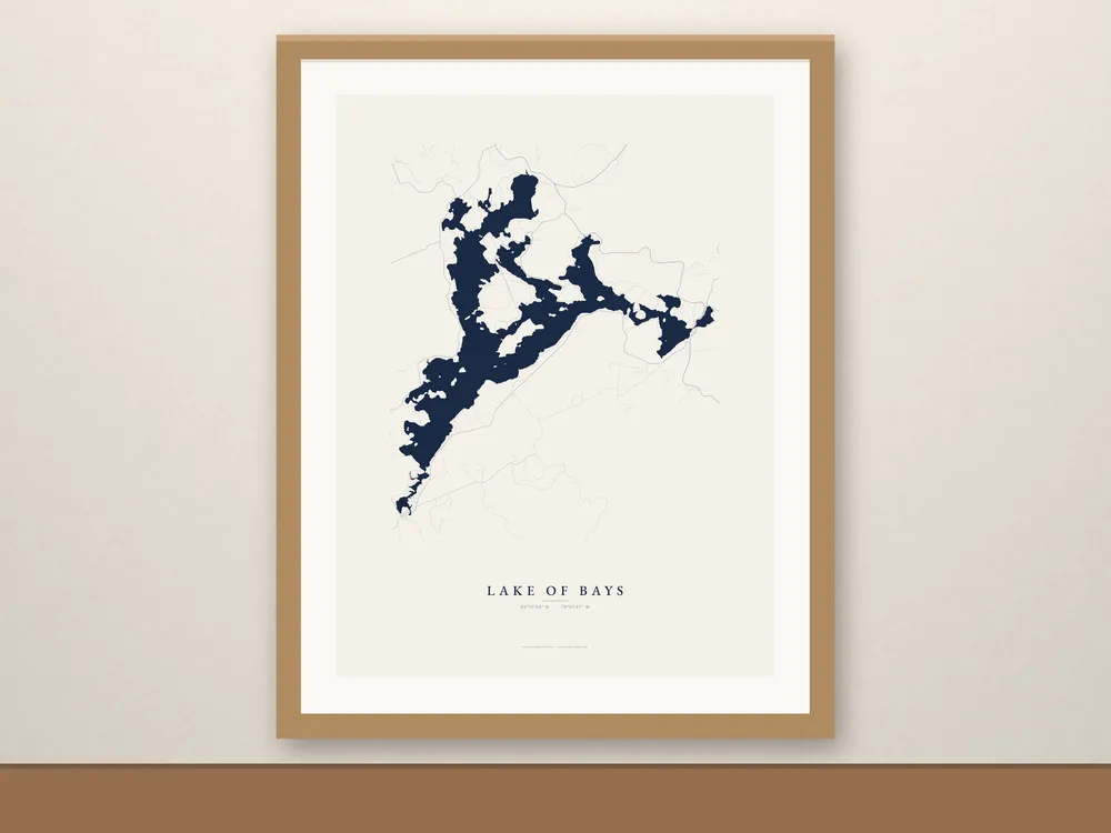 Lake of Bays map print, framed for display