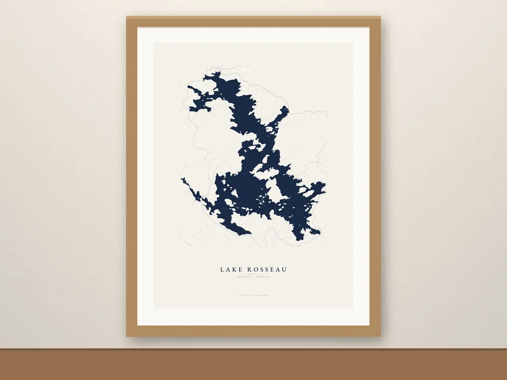 Lake Rosseau map print, framed for display