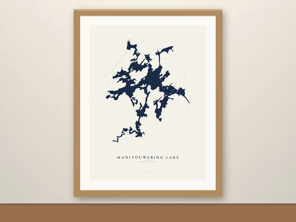 Manitouwabing Lake map print, framed for display