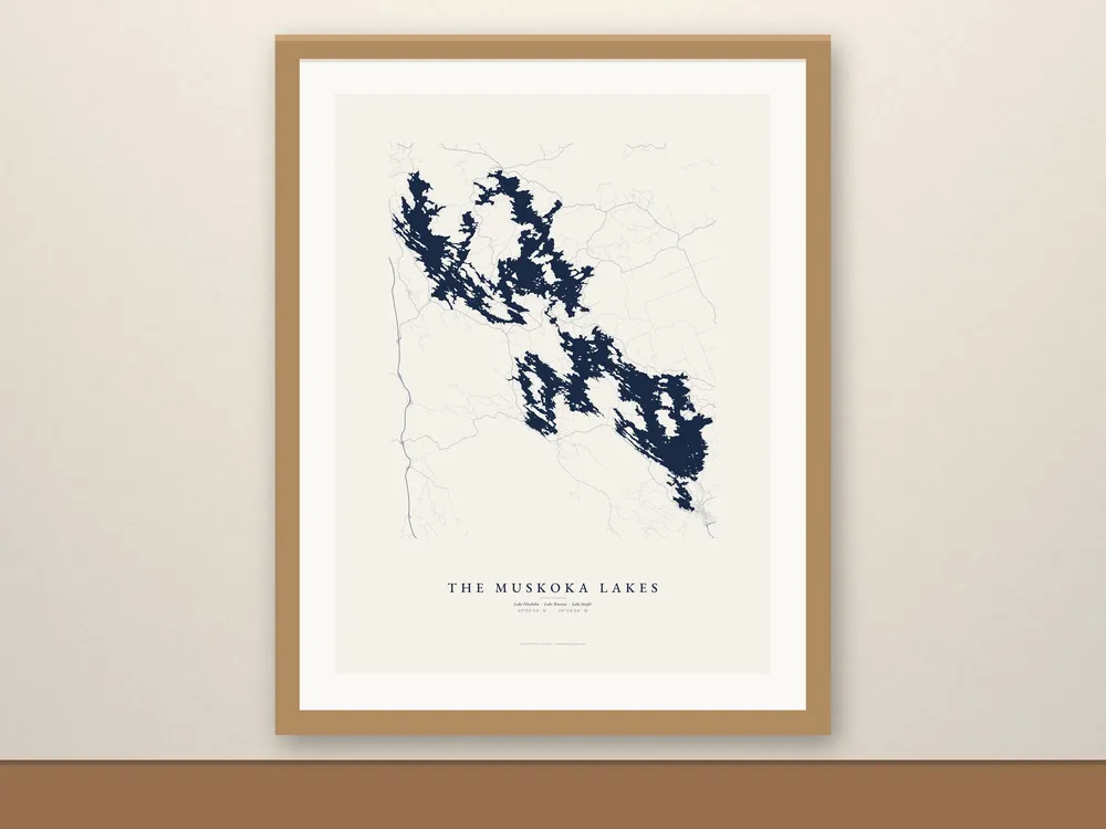 Muskoka Lakes map print, framed for display
