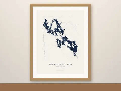 Muskoka Lakes map print, framed for display