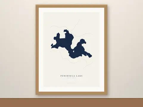 Peninsula Lake map print, framed for display