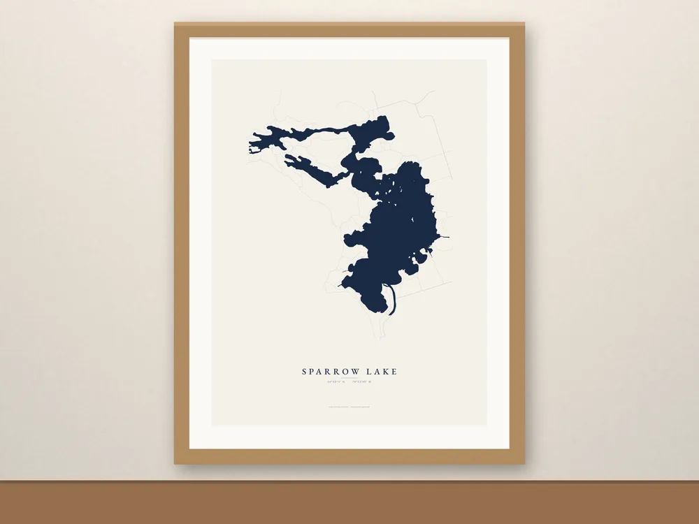 Sparrow Lake map print, framed for display