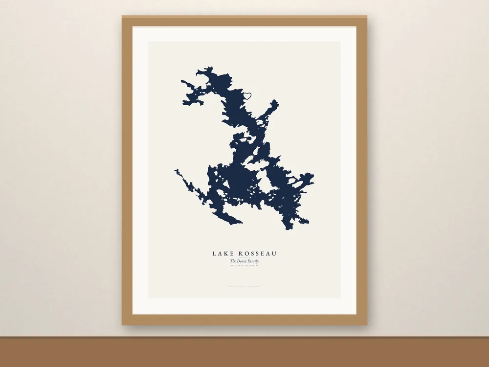 Example custom map (Lake Rosseau, “The Dowie Family”), framed for display